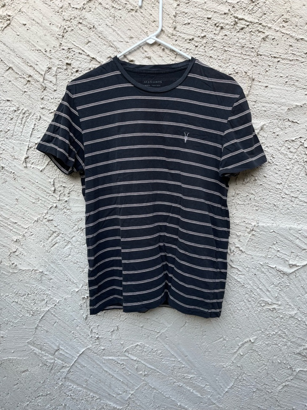 All Saints Men’s Black Tee with Thin Gray Stripes